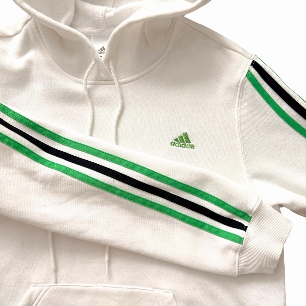 Adidas Men's White Fleece Pullover Hoodie Green Black Stripe Logo Sweatshirt XL